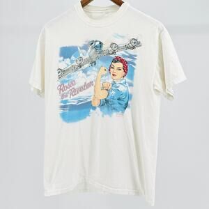 Vintage 90s Sophos White Rosie the Riveter Airplane Graphic Patriotic Tshirt